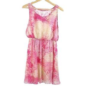 Postmark Rosy Plumes Dress Pink Size 00 Tan Lined Sleeveless Silk Anthropologie